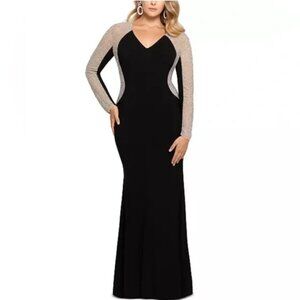 XSCAPE Black Long Sleeve Evening Gown with Illusion Beaded Mesh – Size 8